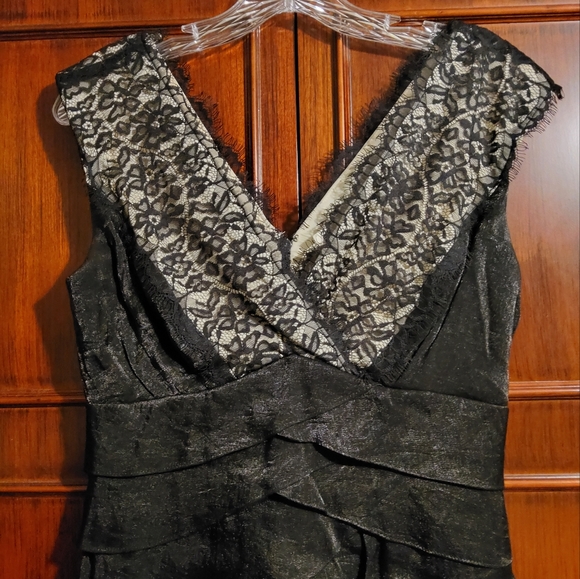 Sangria Black Lace Embroidered Sleeveless Tiered Sheath Bodycon V-Neck Size 4 - Picture 6 of 9